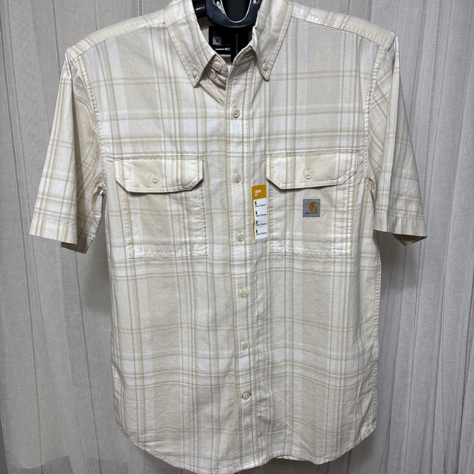 Carhartt Men Small White Tan Outdoor Button Up Loose Plaid Camping Work Nwt Ss
